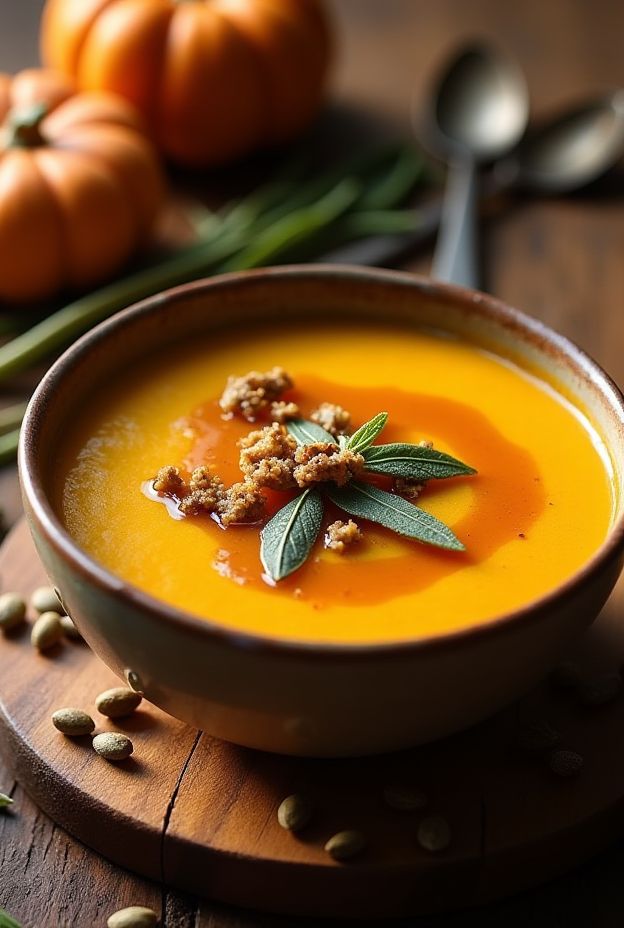 Comforting Maple Roasted Butternut Squash and Sage Soup with a nutty butter swirl and pumpkin seeds.