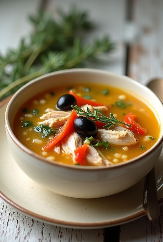 Mediterranean Olive and Herb Chicken Soup with olives, roasted peppers, and fresh herbs for a nutritious meal.