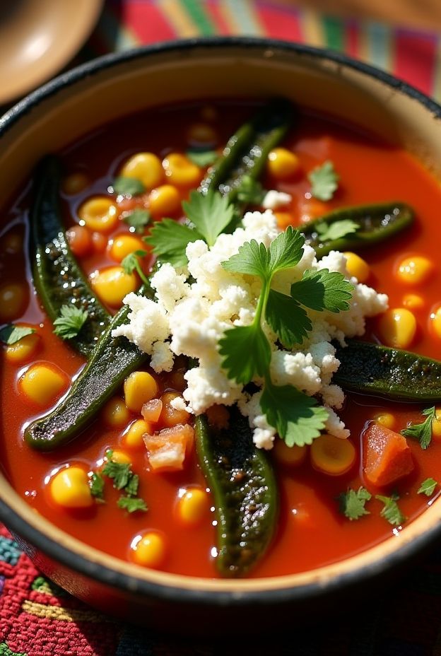 Vibrant Mexican Roasted Poblano and Corn Stew featuring charred peppers, sweet corn, potatoes, and cilantro garnishes.