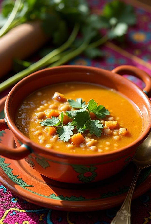 A bowl of Moroccan Spiced Lentil & Apricot Soup garnished with cilantro, showcasing warm hues and a cozy presentation.