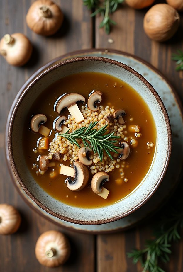 A comforting bowl of Mushroom and Farro Soup featuring earthy mushrooms and nutty farro grains garnished with fresh herbs.