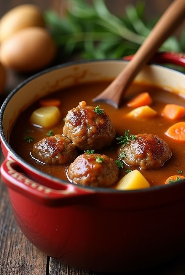 A comforting bowl of Old-Fashioned Meatball Stew featuring beef meatballs, potatoes, and carrots in rich gravy.