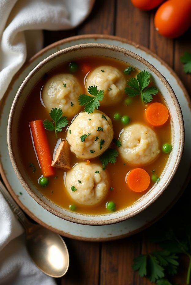 A bowl of hearty turkey and dumpling soup with vegetables in a savory broth.