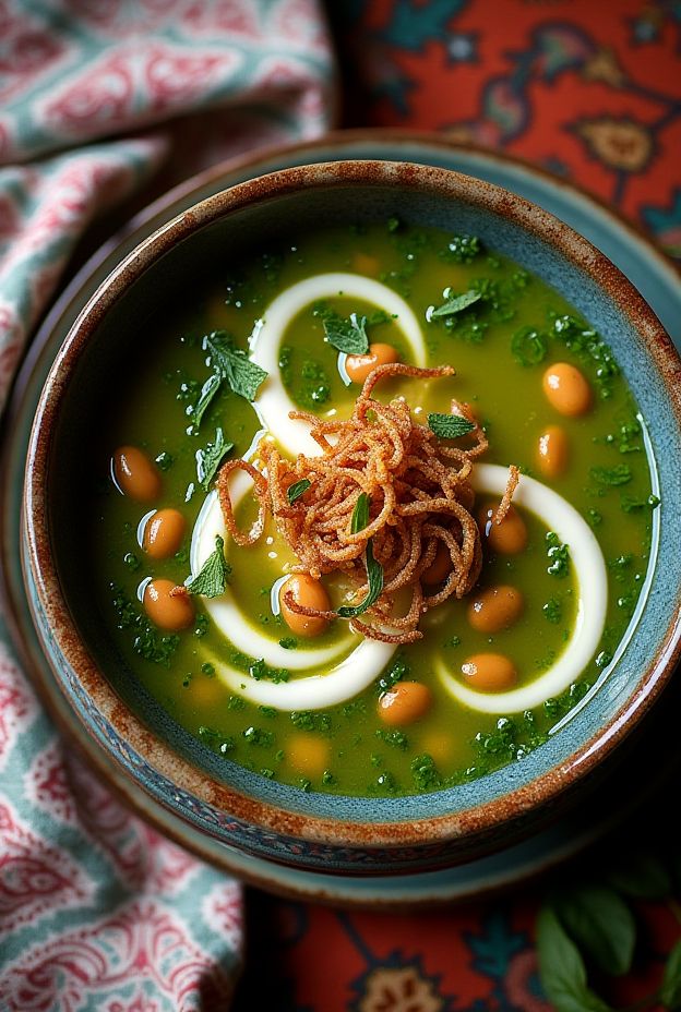 Hearty Persian Ash Reshteh soup topped with fried onions and herbs.