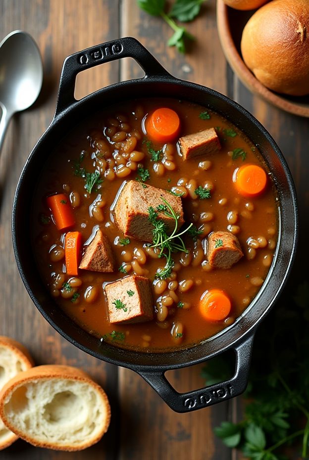 A hearty bowl of Pork & Lentil Rustic Stew with vibrant root vegetables and tender pork belly.