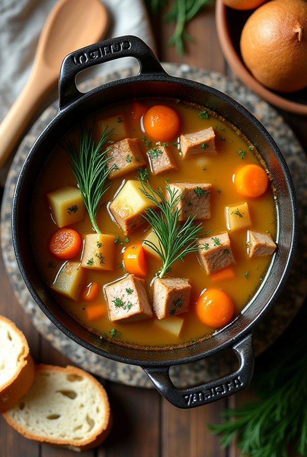 Hearty pork and potato stew with dill in a creamy broth, featuring tender pork chunks and colorful vegetables.
