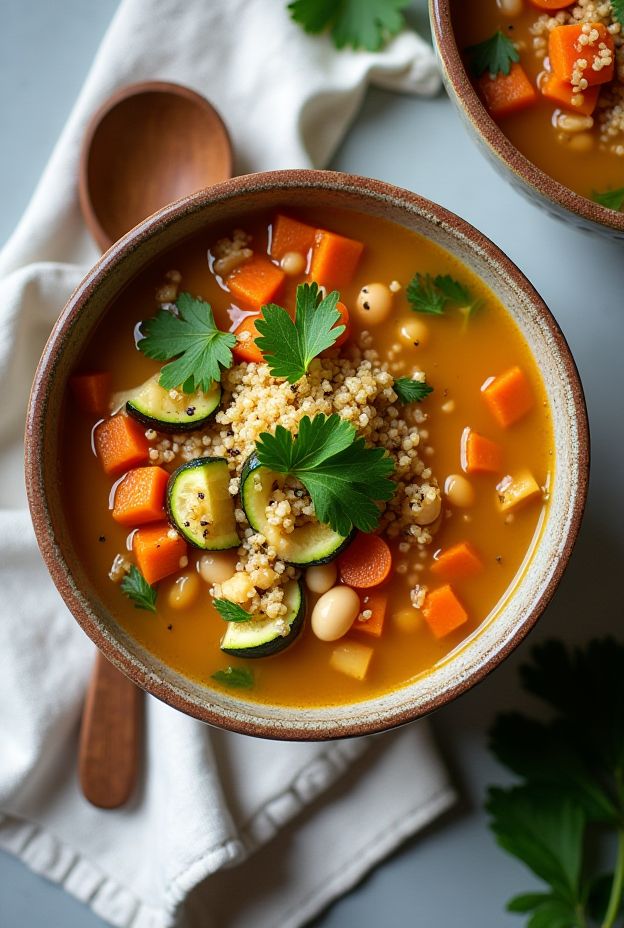 Quinoa & Vegetable Power Soup featuring colorful vegetables and protein-rich quinoa for a nutritious meal.
