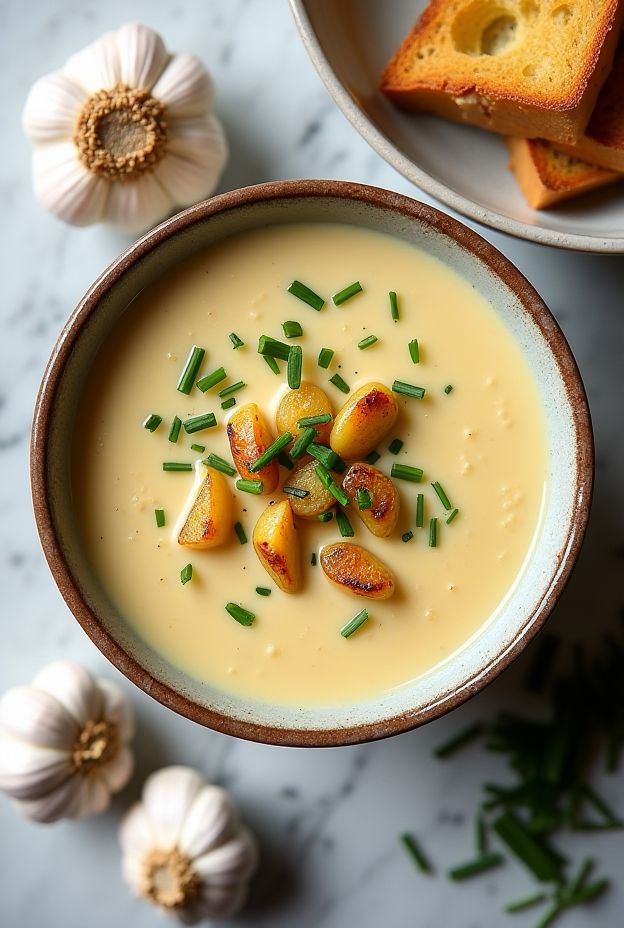Creamy roasted garlic and potato soup served in a bowl with chives and crunchy bread.