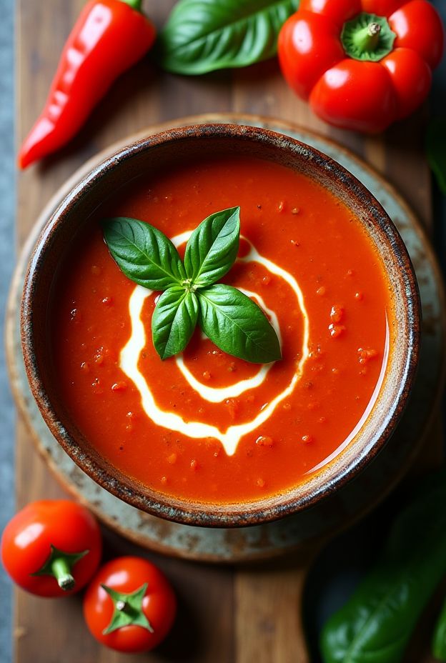 A vibrant bowl of Smoky Roasted Red Pepper & Tomato Soup topped with fresh basil and a swirl of cream.