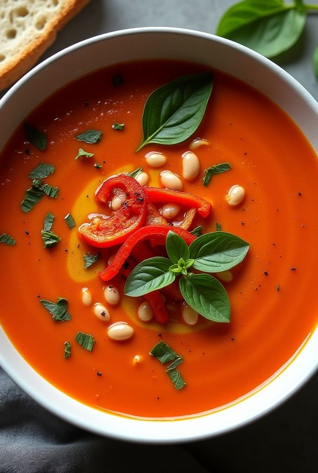 Silky Roasted Red Pepper & White Bean Soup garnished with fresh basil and peppers, perfect for a healthy meal.