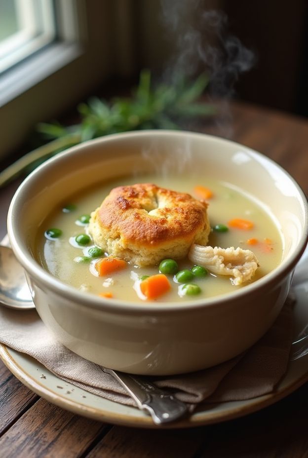 Creamy Rustic Chicken Pot Pie Soup featuring shredded chicken, peas, carrots, and buttery biscuit crumbles.
