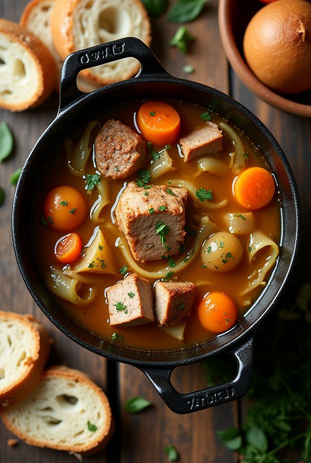 Rustic Pork & Cabbage Stew with tender pork, carrots, and cabbage in savory broth, perfect for hearty meals.
