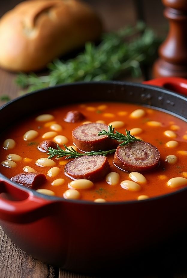 Hearty Smoked Sausage and White Bean Stew with rich tomato broth, white beans, and herbs.