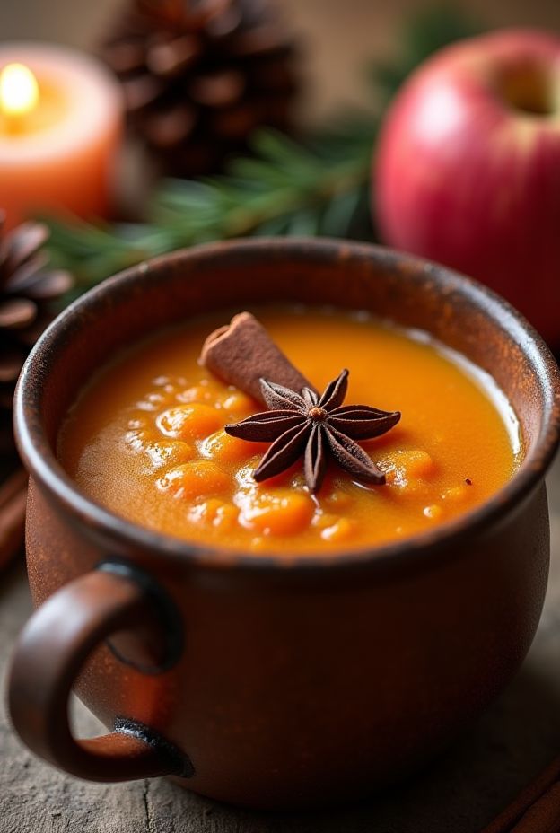 Spiced Mulled Apple & Carrot Soup with warm holiday spices, served in a cozy mug.