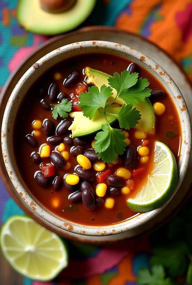 A bowl of spicy black bean and corn soup garnished with avocado, cilantro, and lime slices, showcasing vibrant ingredients.
