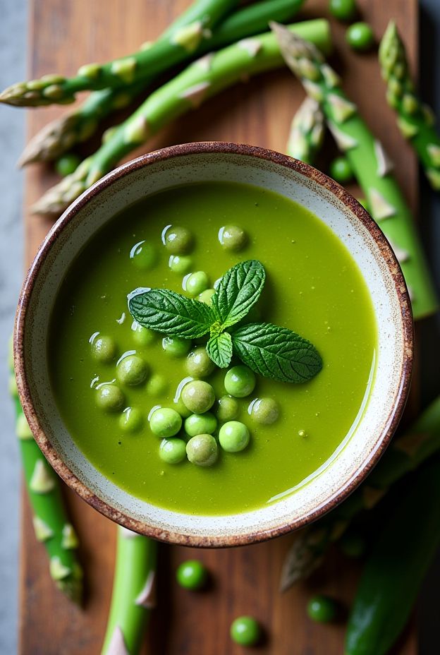 A bowl of vibrant Spring Asparagus & Pea Soup garnished with mint leaves, surrounded by fresh asparagus and peas.