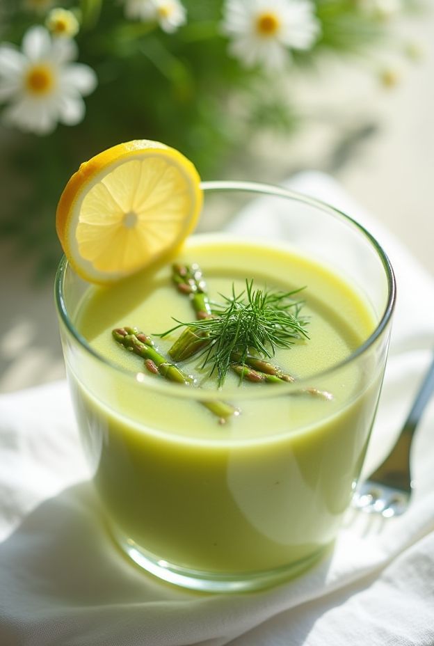 A vibrant Spring Lemon Asparagus & Herb Soup garnished with lemon and dill for fresh flavors.