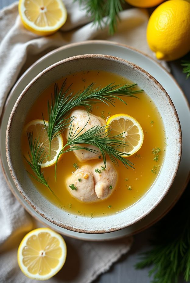 A vibrant bowl of Spring Lemon & Dill Chicken Soup with fresh lemon slices and dill, perfect for a light meal.