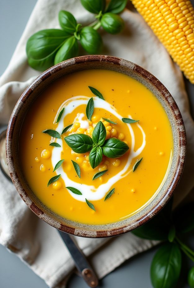 Delicious Summer Corn & Basil Soup enriched with cream and fresh basil for a perfect summer dish.