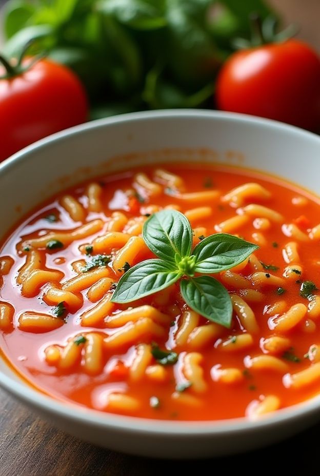 Healthy summer tomato basil orzo soup, featuring vibrant fresh ingredients for a refreshing meal.