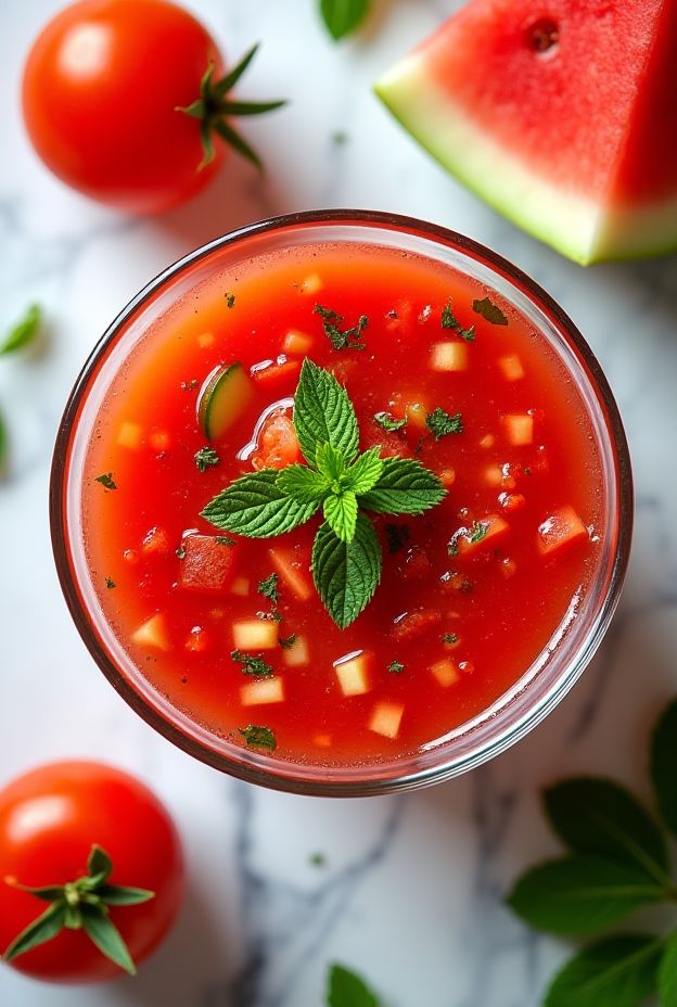 Refreshing Summer Tomato & Watermelon Gazpacho, a vibrant chilled soup made with fresh tomatoes and watermelon.