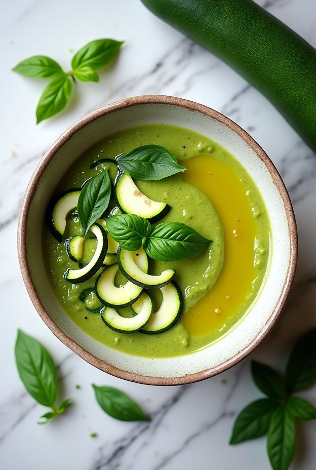 A vibrant bowl of Summer Zucchini & Basil Soup garnished with fresh basil and zucchini slices, showcasing seasonal flavors.