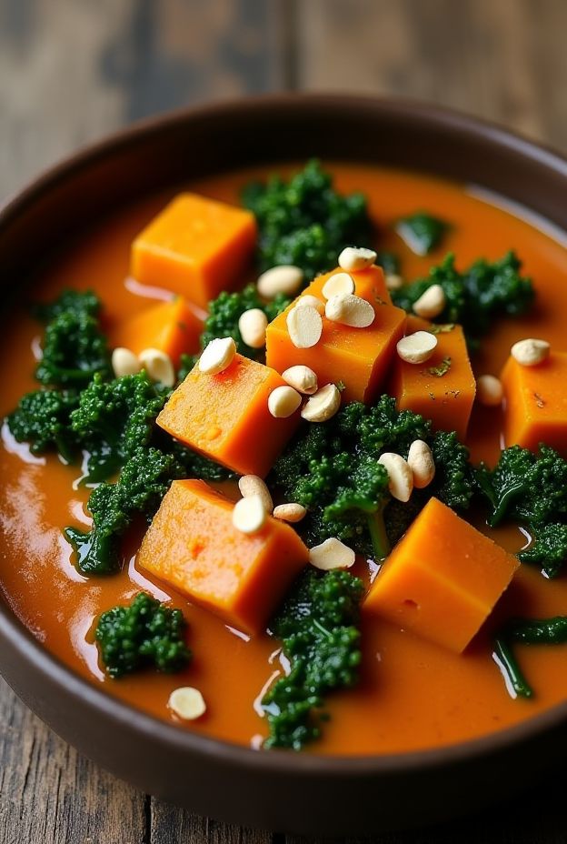 Sweet Potato & Kale Peanut Stew featuring vibrant sweet potatoes, leafy kale, and a flavorful peanut broth.