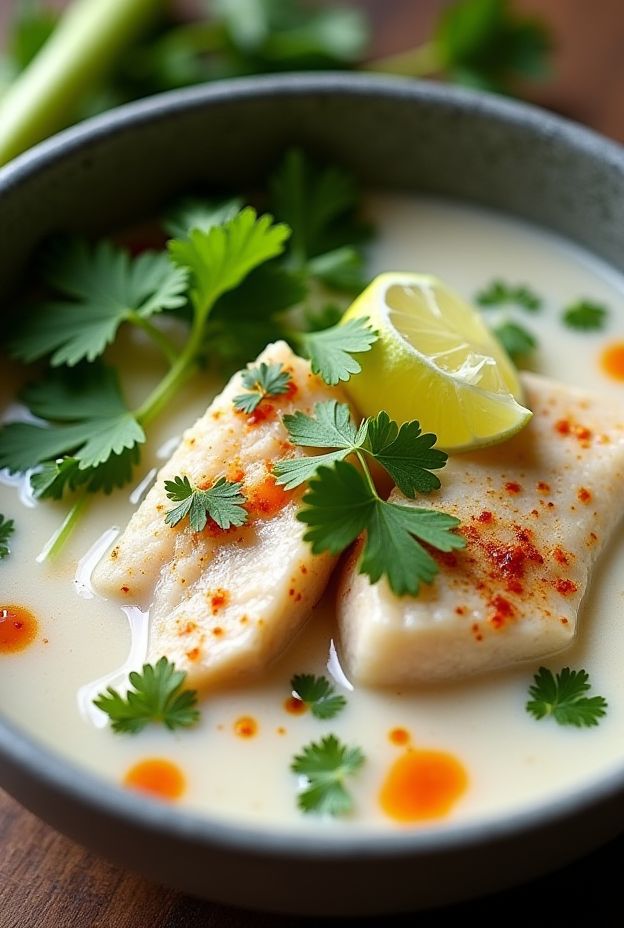 A bowl of Thai Coconut Lime Fish Soup with flaky white fish, coconut broth, and fresh cilantro garnishes.