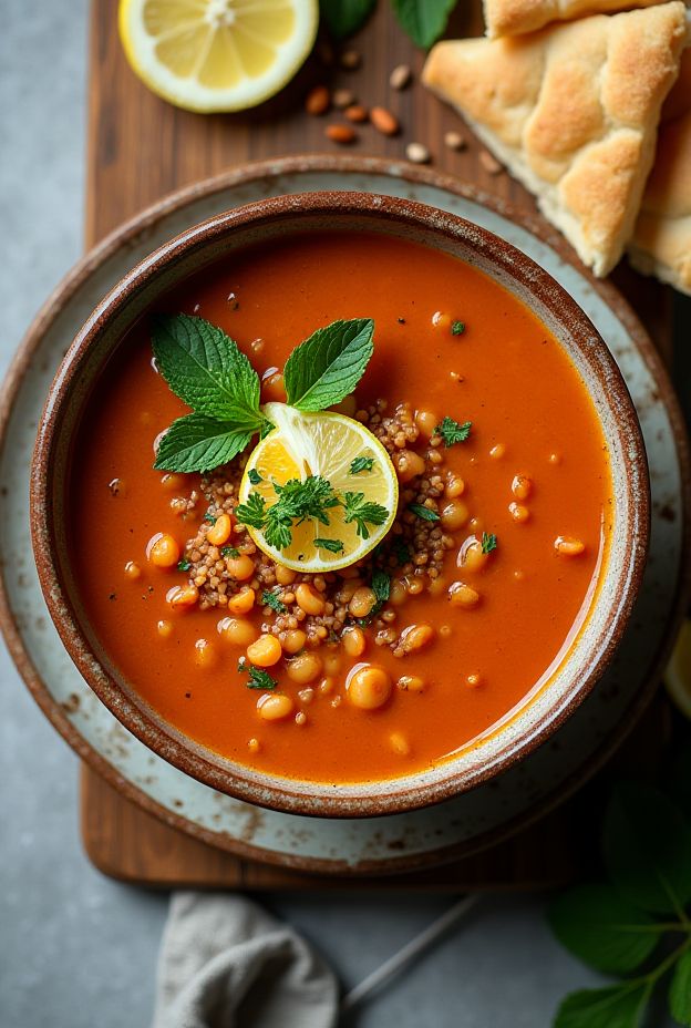 A bowl of creamy Turkish Red Lentil & Bulgur Soup garnished with mint and lemon.