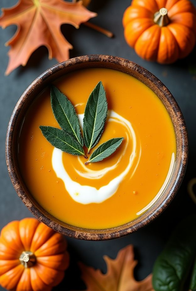 Creamy Vegan Pumpkin Soup with Sage garnished with cashew cream and fresh leaves, perfect for autumn meals.