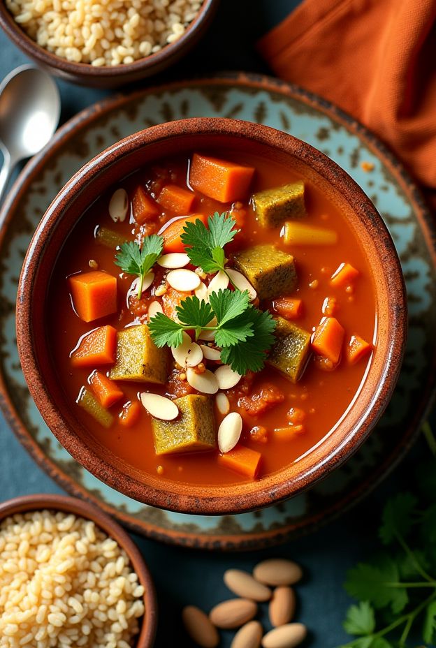 Vegan Moroccan Vegetable Tagine Soup featuring vibrant vegetables, apricots, and almonds in a decorative bowl.