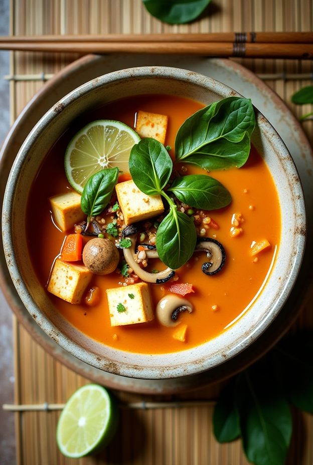 Vegan Thai Coconut Curry Soup featuring tofu, lime, and assorted vegetables in a rich coconut milk base.