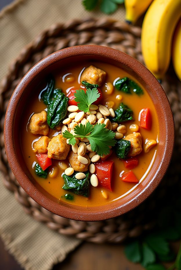 A bowl of West African Groundnut Stew featuring chicken, spinach, and peanuts, garnished with fresh herbs.
