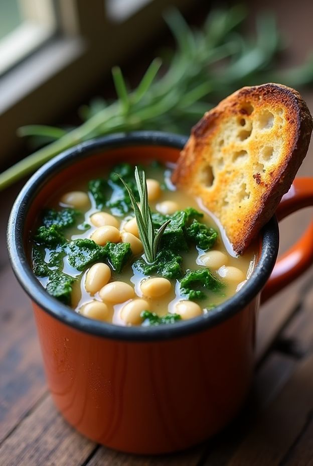 Nourishing White Bean & Kale Power Soup with rosemary broth and toasted bread.