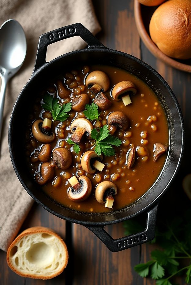 Winter Barley & Mushroom Stew with earthy mushrooms and hearty barley, perfect for cozy winter meals.