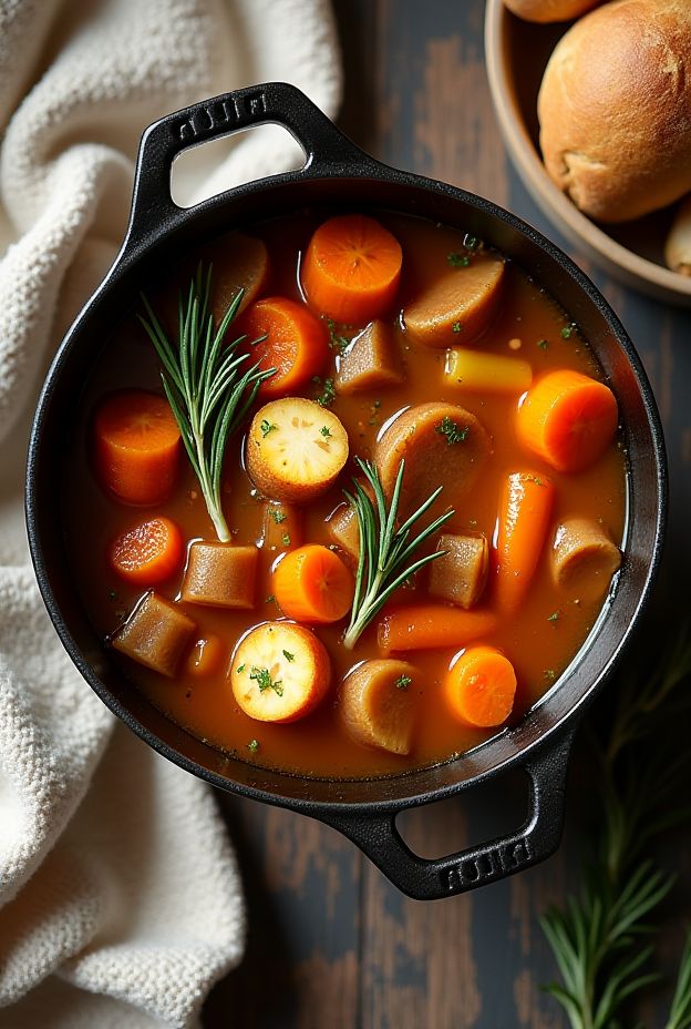 A bowl of hearty winter root vegetable stew with carrots, parsnips, and turnips in a warming broth.