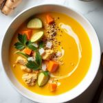 Nutritious anti-inflammatory golden soup made with turmeric, ginger, chicken, and vegetables for a healthy meal.