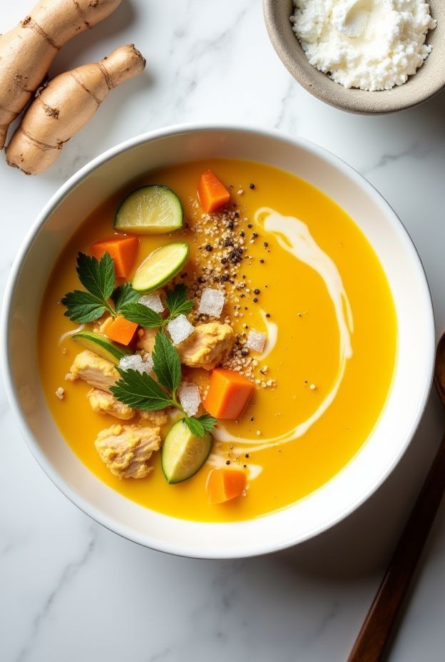 Nutritious anti-inflammatory golden soup made with turmeric, ginger, chicken, and vegetables for a healthy meal.
