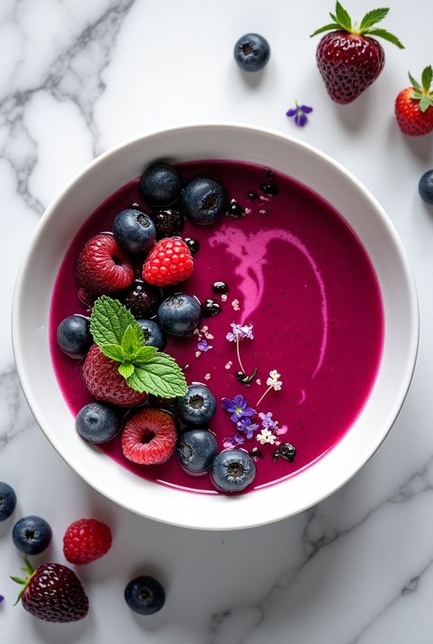 Chilled Antioxidant Berry & Beet Gazpacho soup with vibrant colors and garnished with fresh berries and mint.