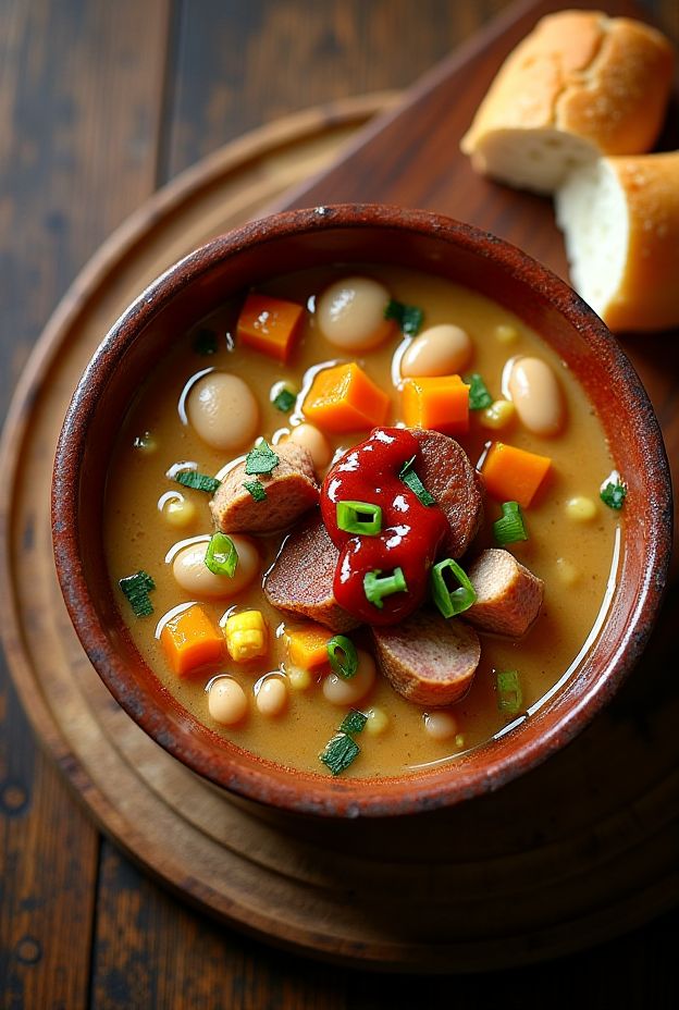 Zesty Argentine locro stew with beans, pork, and vegetables, garnished with fresh scallions and served with bread.
