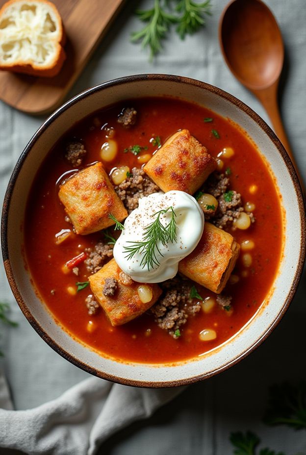 Deconstructed beef and cabbage roll soup with ground beef, rice, cabbage, and rich tomato sauce.