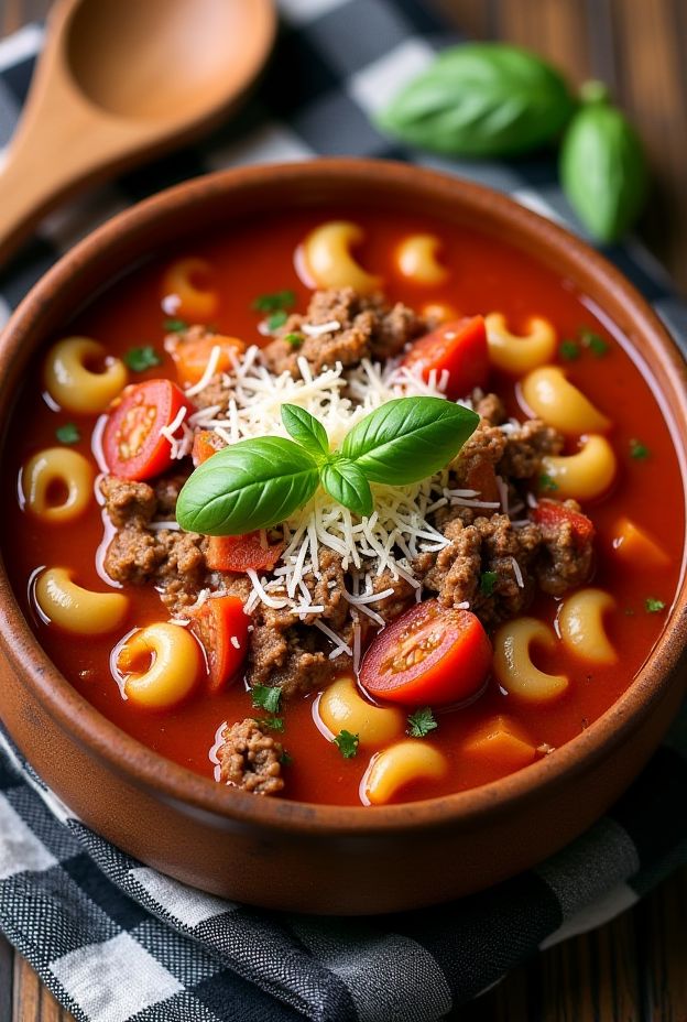 Comforting Beef and Tomato Macaroni Soup with ground beef, macaroni, and fresh herbs served in a warm bowl.