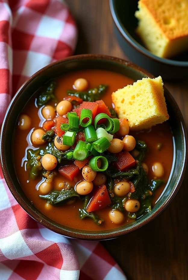 Delicious vegan Black-Eyed Pea & Collard Greens Stew with smoked paprika, served with cornbread.