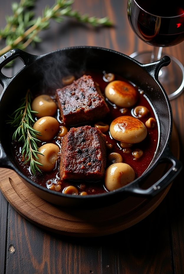 Melt-in-your-mouth beef short ribs with wild mushrooms and pearl onions in a rich red wine stew.