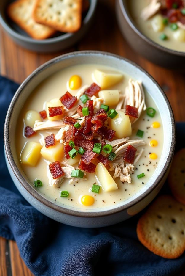 A bowl of creamy chicken and bacon ranch chowder with potatoes and corn, garnished with crispy bacon and green onions.
