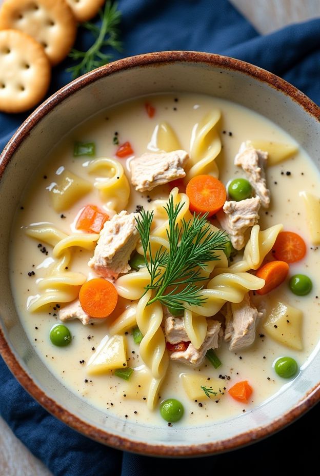 A bowl of creamy chicken and egg noodle chowder filled with vegetables, perfect for cozy meals.