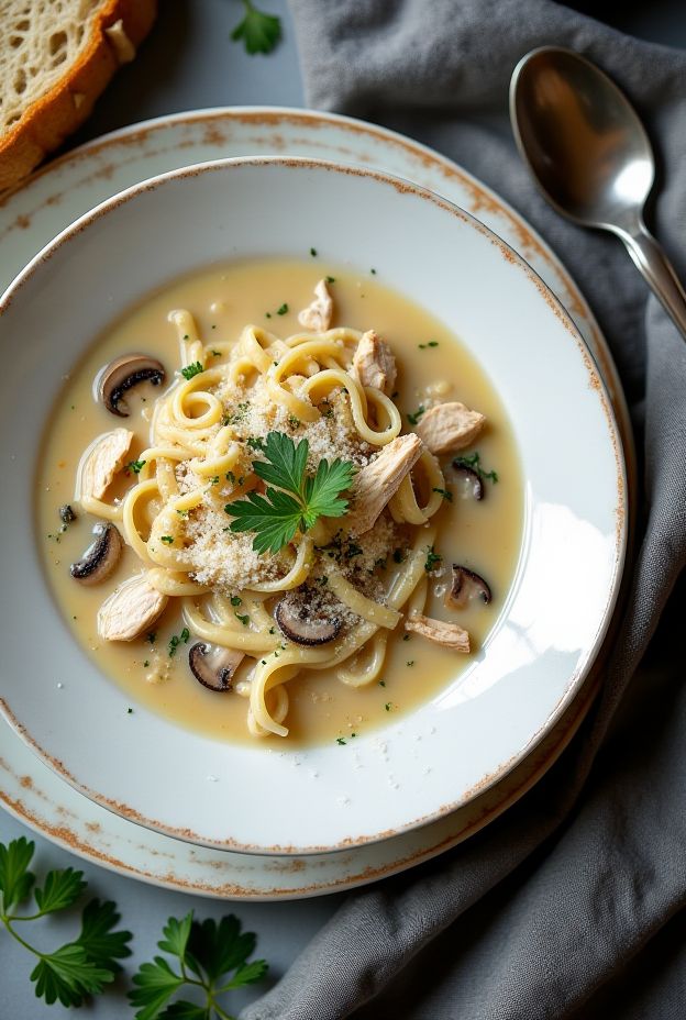 Creamy Chicken Tetrazzini Soup with noodles, chicken, and mushrooms garnished with parsley.