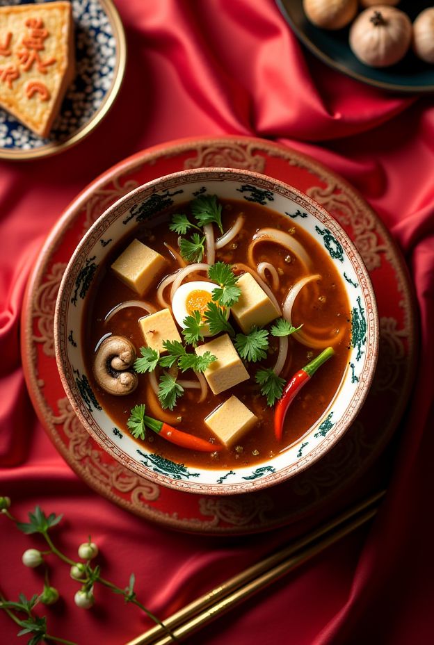 A vibrant bowl of traditional Hot & Sour Soup garnished with tofu and herbs, perfect for Chinese New Year celebrations.