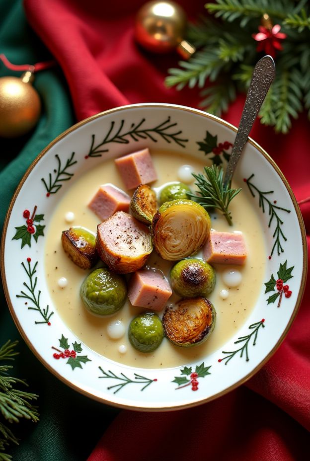 A comforting bowl of Christmas Ham & Brussels Sprout Soup garnished with herbs and served in a festive bowl.