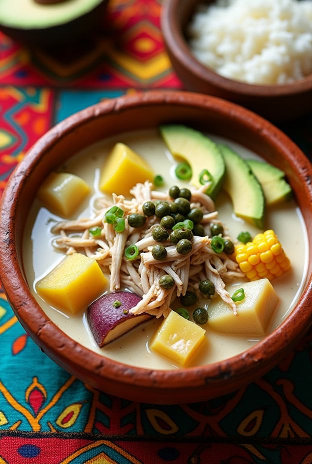 Colombian Ajiaco soup with potatoes, chicken, corn, and avocado garnishing.